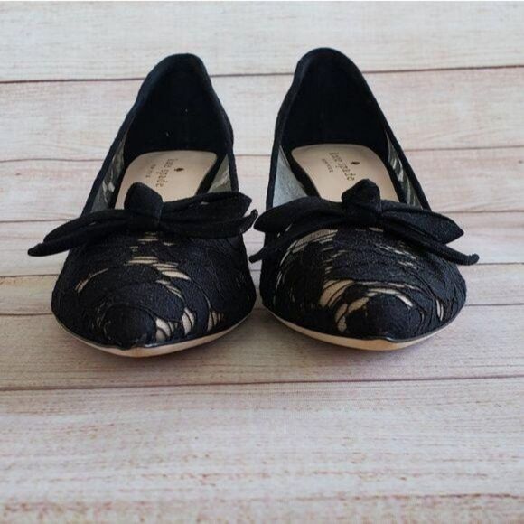 Kate Spade Lace Leather & Suede Pointy Toe Block Heel Shoes Black Size 8 - Picture 7 of 11